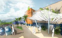 3 hand-drawn images of a shopping mall project