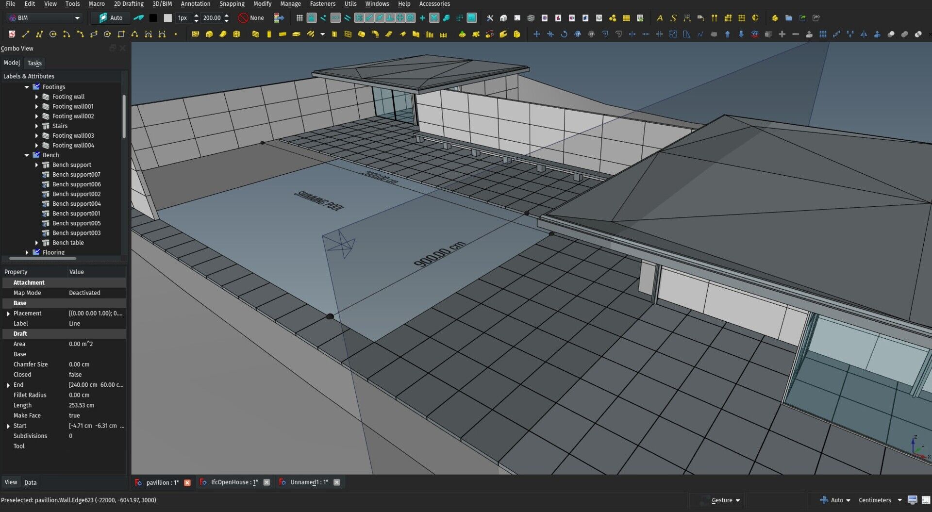 Screenshot of FreeCAD with the Pavillion model open