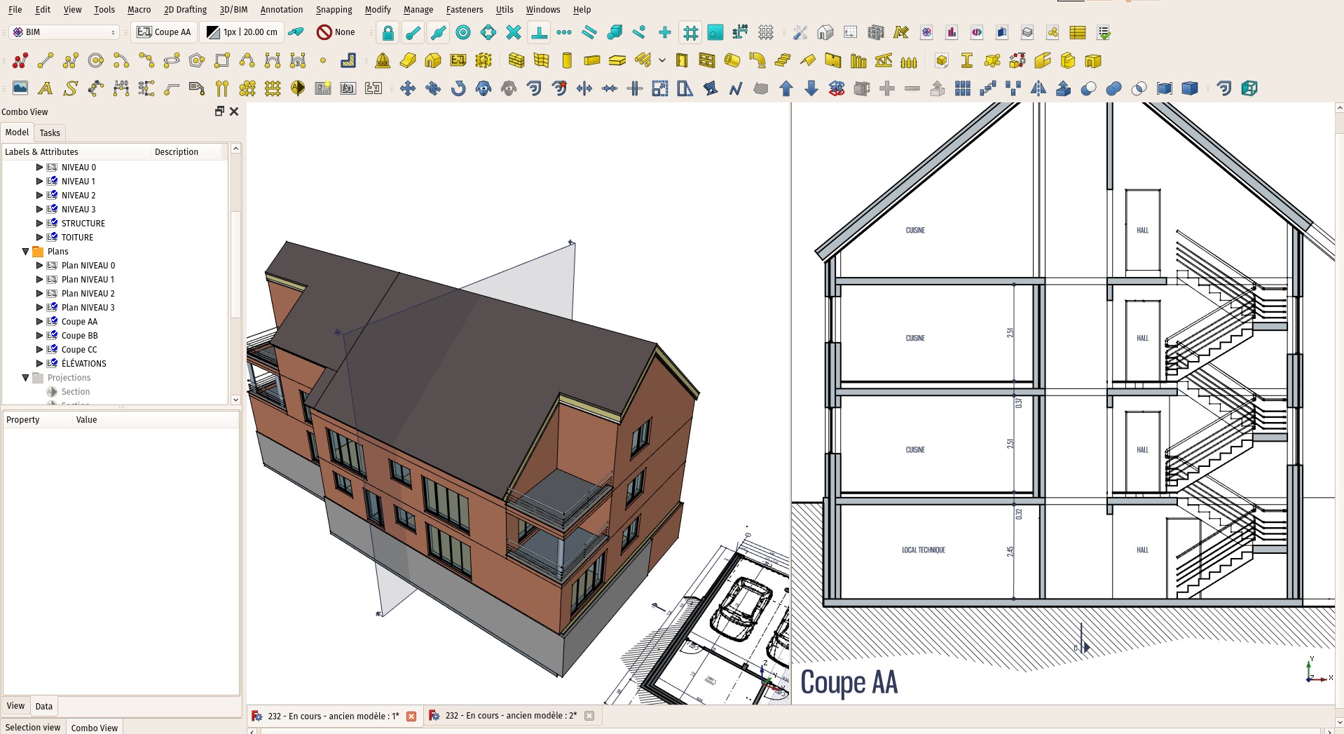 Um modelo BIM sendo editado no FreeCAD