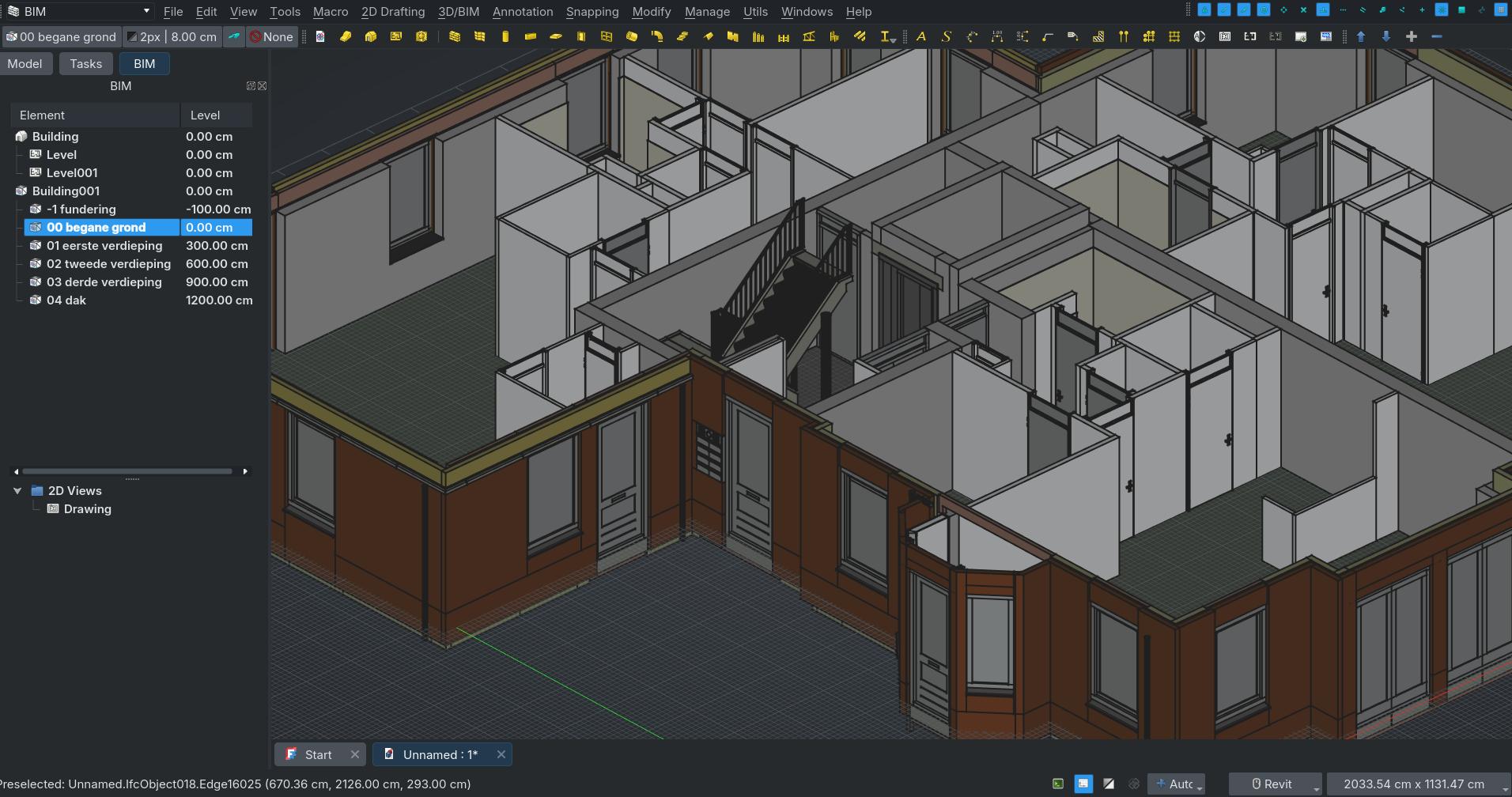screenshot of FreeCAD showing the BIM views panel
