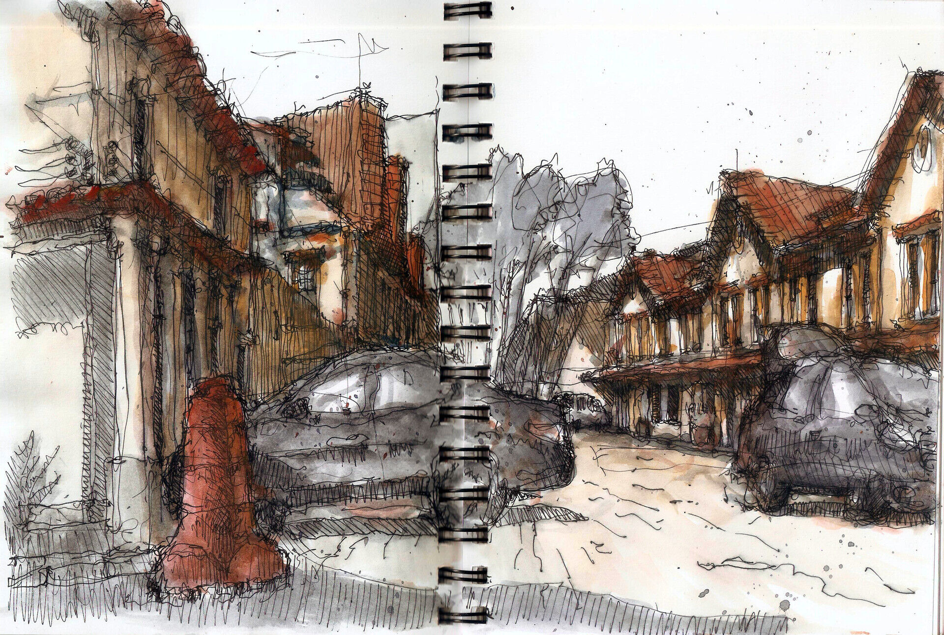 Drawing of Vila dos Ingleses with buildings in the backgrounds